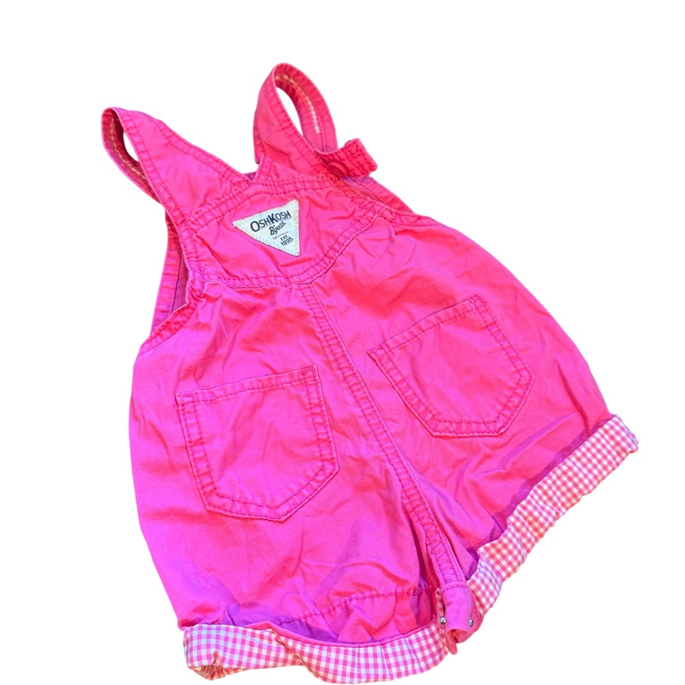 OshKosh Bgosh Pink Gingham Trim Cotton Shortalls 18 Months - Picture 2 of 8